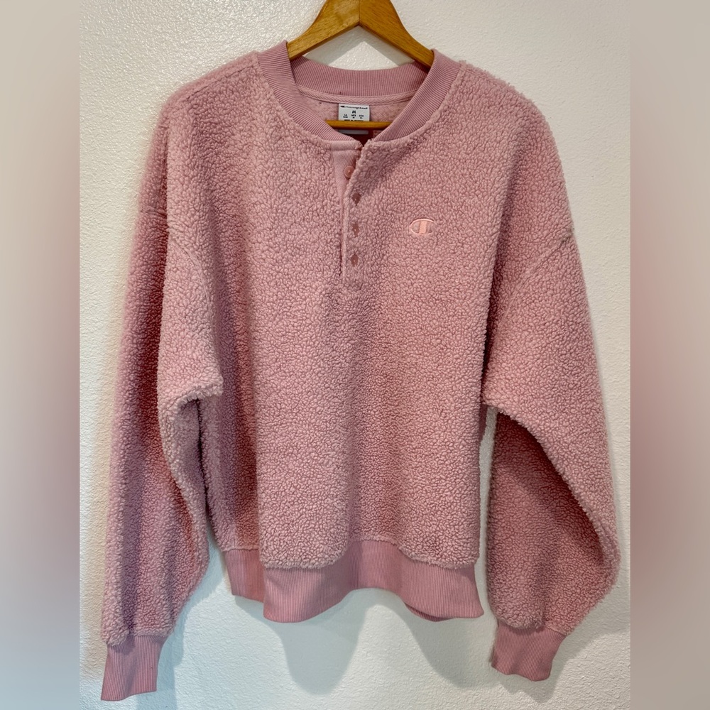Champion x Urban Outfitters Exclusive Teddy Hush Pink Fleece Henley Sweatshirt M